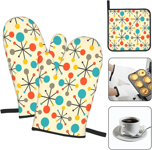 Mid Century Fifties Modern Atomic Retro Colors Oven Mitts and Pot Holders Sets Heat Resistant 3 Pcs Kitchen Sets for Kitchen,Cooking,Baking,Grilling,Cooks Gifts
