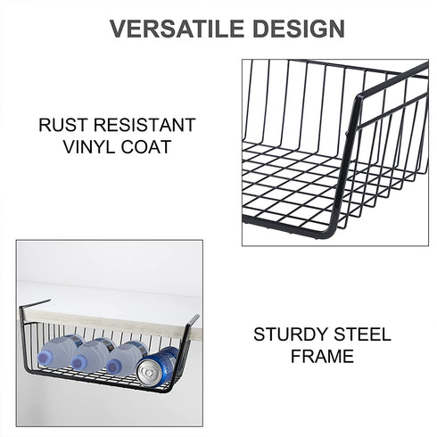 Undershelf Storage Basket Under Shelf Wire Basket Household Metal Under Shelf Hanging Storage Bin Basket Slides Under Shelves for Storage Space Saving for Kitchen Pantry Bookshelf (Small, 2 PCS)