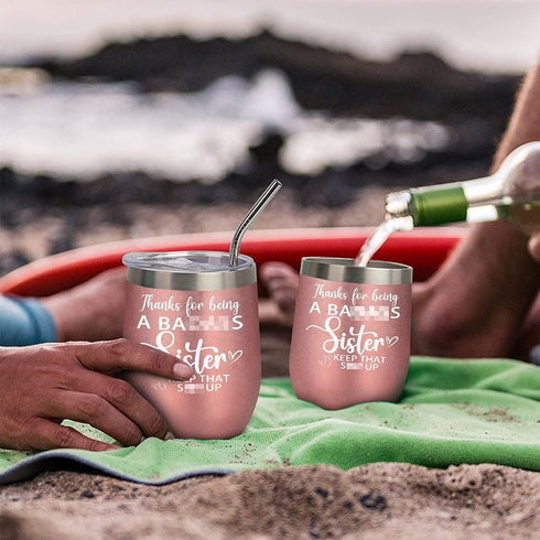 Birthday Gifts for Sister from Sister Brother Thank You Goodbye Farewell Wine Tumbler Christmas Mothers Day Gift for sister in Law Soul Sister Glitter Wine Cup Gift Set Keychain Lid Straw