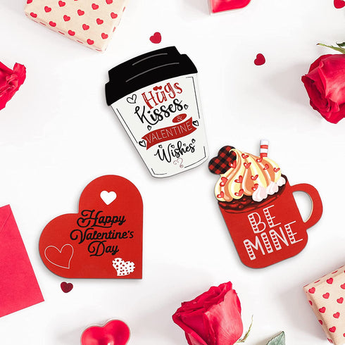 3 Pcs Valentine's Day Table Wooden Sign Coffee Mug Shaped Tabletop Decor Romantic Love Be Mine Decorative Table Centerpiece Signs Valentine's Day Tiered Tray Home Decor (Lovely Style)