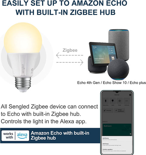 Sengled Smart Light Bulbs, Zigbee Hub Required, Works with Alexa and SmartThings, Voice Control with Google Home and Echo with built-in Hub, Soft White 60W Equivalent A19 Dimmable Smart Bulbs, 4-Pack