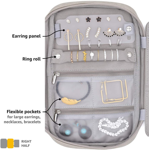 storageLAB Travel Jewelry Organizer, Faux Suede Clutch Bag for Necklaces, Earrings, Rings and Bracelets (Grey)
