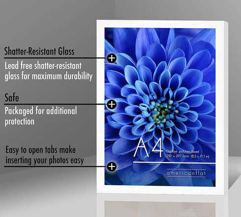 Americanflat A4 Picture Frame in White - Composite Wood with Shatter Resistant Glass - Horizontal and Vertical Formats for Wall and Tabletop - 8.3 x 11.7 in