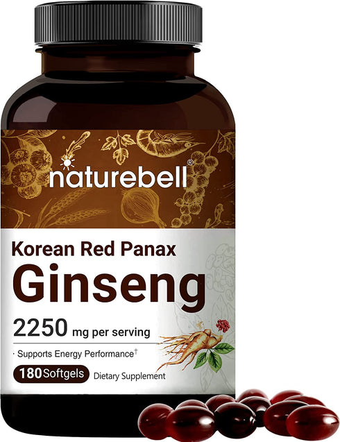 Korean Red Ginseng Extract (Panax Ginseng Root), 2250mg Per Serving, 180 Liquid Softgels, Most Active Ginsenosides Content, Strongly Support Energy Performance and Immune System, No GMOs