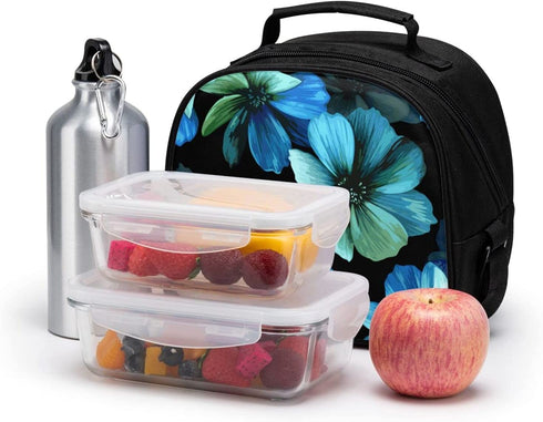 Aqua Flower Lunch Tote Lunch Bag Waterproof Reusable Lunch Box Portable Meal Bag Ice Pack For Kids Boys Girls