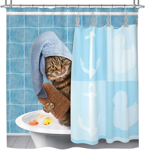 Riyidecor Funny Bathing Cat Shower Curtain 72Wx72H Kids Cute Cartoon Animal Kitten Yellow Rubber Duck Head 12 Pack Plastic Fabric Hooks Wrapped Bath Towel Blue Decor Fabric Polyester