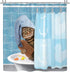 Riyidecor Funny Bathing Cat Shower Curtain 72Wx72H Kids Cute Cartoon Animal Kitten Yellow Rubber Duck Head 12 Pack Plastic Fabric Hooks Wrapped Bath Towel Blue Decor Fabric Polyester