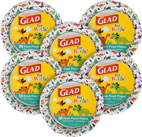 Glad for Kids Dinosaur Paper Plates, 20 Count - 6 Pack | Small Round Paper Plates With Cute Dinosaur Design for Kids | Heavy Duty Disposable Soak Proof Microwavable Paper Plates for All Occasions, 7 I