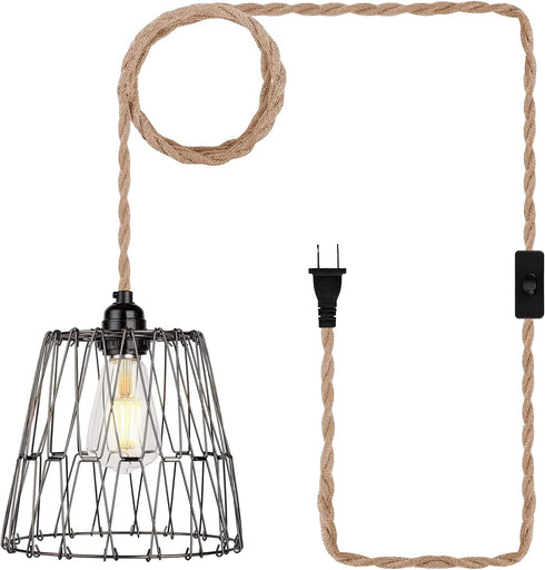 Farmhouse Black Plug in Metal Pendant Light - Industrial 15 Ft Hanging Lamp Kit Hemp Rope Light Cord Metal Cage Deformable Lampshade Lighting Fixtures with for Living Room Bedroom Loft DIY Decor