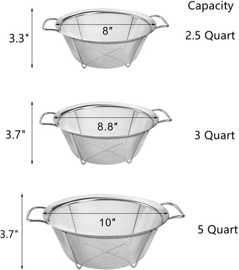 Dicunoy Set of 3 Strainers and Colanders, Stainless Steel Mesh Strainer Basket with Handle, Stackable Mesh Footed Colander for Rinse Food, Fruit, Vegetable, Strain, Drain (2.5/3/5 Quart)