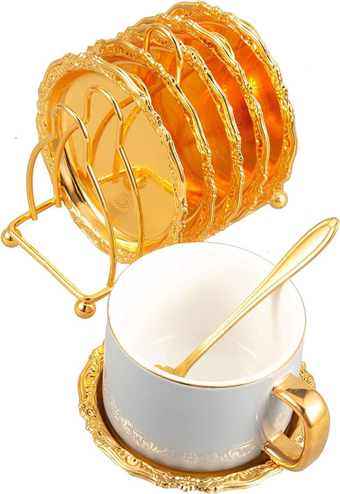 Feyarl Gold Set of 6pcs Drink Coasters Plates Coffee Cup Coasters with Rack Non-Slip Metal Cup Mats Tabletop Display for Coffee Tabletop Bar Living Room Home Deco Kitchen