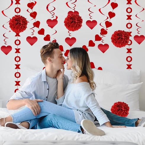 21Pcs Valentines Day Decor Valentine's Day Decorations Set Pre-Assembled Hanging Heart Swirls BE MINE Love Heart XO Garlands Banner for Home Classroom Office Wedding Party