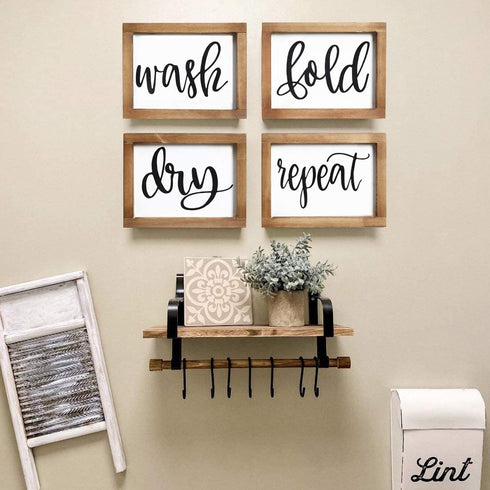 Mokof Laundry Room Decor Wash Fold Dry Repeat Mini Signs Set of 4, Farmhouse Laundry Room Decorative Sign Framed wood Wall Art, Laundry Shelf Decor, 6'' x 8'' (Brown Frame)