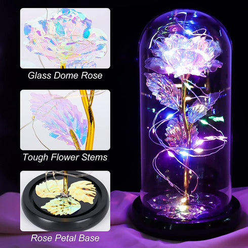 Beferr Mother's Day Unique Gift for Women, Galaxy Rose Glass Crystal Flower Gift in Glass Dome with LED Light Mothers Day Birthday Gift Ideas for Mom/Wife/Grandma/Daughters