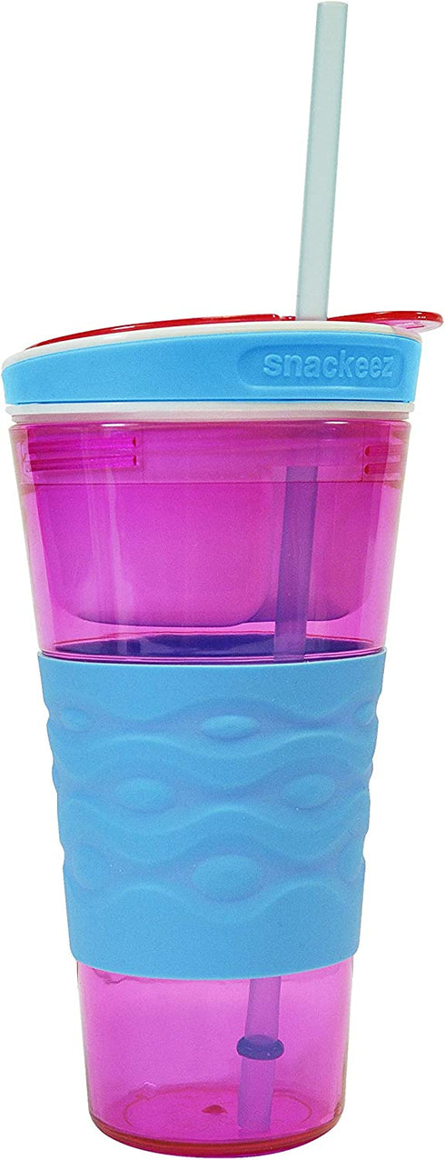 Snackeez Travel Snack & Drink Cup with Straw, Pink, Large (Pack of 1)