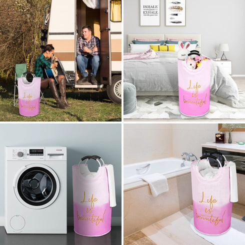 Laundry Basket, Roiroiko Waterproof 82L Large Collapsible Fabric Laundry Hamper, Foldable Clothes Storage Washing Bag Washing Bin with Alloy Handles for College Bathroom Travel (life pink)