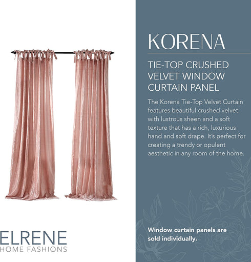 Elrene Home Fashions Korena Tie-Top Crushed Velvet Window Curtain Panel, Rustic-Chic Curtain Panel for Living Room or Bedroom, 50 Inches by 95 Inches, Blush, 1 Panel