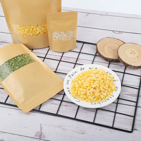 Moretoes 120pcs Kraft Stand Up Pouches 5.9—8.6 Inches, Ziplock Stand Up Bags with Matte Window, Reusable, Heat-Sealable