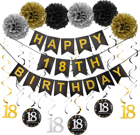 Luxiocio Happy 18th Birthday Party Decorations Supplies Kit - 19Pcs - 1Pcs Happy 18th Birthday Banner, 12Pcs Sparkling Hanging Swirl, 6Pcs Poms - 18 Year Old Birthday Decorations for Girls & Boys