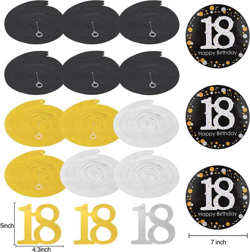 Luxiocio Happy 18th Birthday Party Decorations Supplies Kit - 19Pcs - 1Pcs Happy 18th Birthday Banner, 12Pcs Sparkling Hanging Swirl, 6Pcs Poms - 18 Year Old Birthday Decorations for Girls & Boys