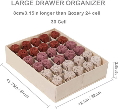 Qozary 30 Cells or 20 Cells Sock Organizer with Solid Bottom, Underwear Organizer Drawer Dividers, Closet Organizer and Storage Box for Storing Panties, Lingerie, Undergarment, Underwear