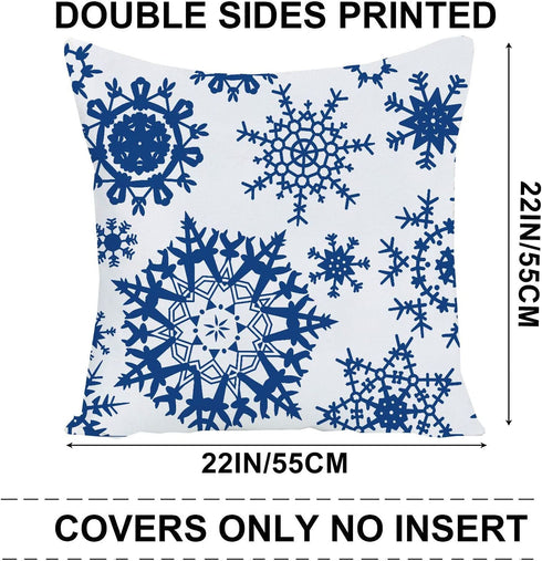 WILPROO Set of 4 Happy Winter Snowflake Merry Christmas Tree Blue Castle Deer with Snowman Cotton Linen Throw Pillow Case Cushion Cover Decorative for Sofa Living Room Square 22X22 Inches