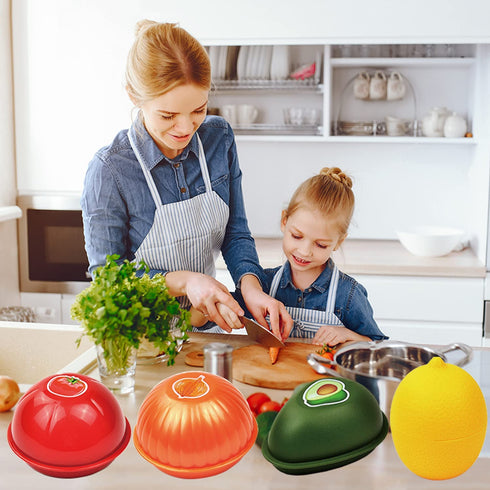 Avocado Lemon Tomato and Onion Shape Savers 4-piece Bundle Reusable Fruit and Vegetable Storage Box Keeper Holder For Fridge BPA Free Plastic Garlic Crisper Containers€¦