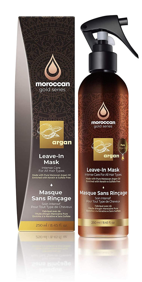 Moroccan Gold Series Leave-In Hair Mask – Argan Oil Hair Mask Enriched with Keratin – Nourishing and Gently Detangling Leave In Conditioner Spray For Curly Frizzy or Damaged Hair, 8.4 Fl.oz