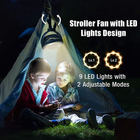 Portable Stroller Fan 60 Working Hours, Small Fan with LED Lights, 12000 Capacity Battery Operated Fan with Tripod Legs, Rechargeable USB Fan, Peloton Fan for Treadmill, Camping, Travel, Bed, Tent