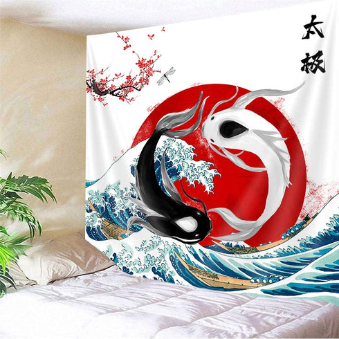 Japanese Tapestry Ocean Wave Tapestry Yin Yang Tapestry Koi Fish Tapestry Wall Hanging Tapestries Decorative for Wall Art Home Dorm Room Decor
