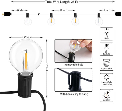 G40 Outdoor String Lights LED 25Feet Patio Lights with 27 LED Shatterproof Bulbs(2 Spare), Waterproof Globe Hanging Lights for Backyard Decor Bistro Party Yard Decor, E12 Socket, 2200K, Black Wire