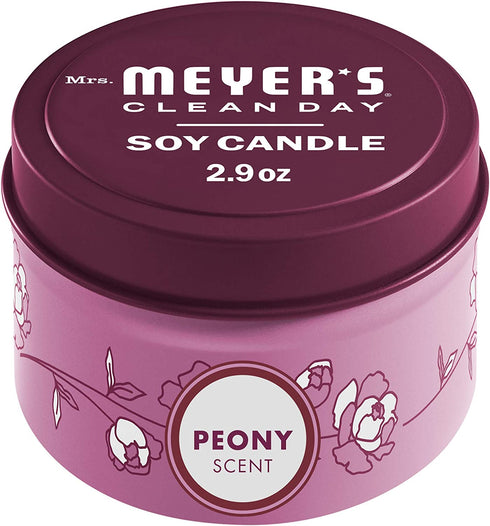 Mrs. Meyer's Soy Tin Candle, 12 Hour Burn Time, Made with Soy Wax and Essential Oils, Peony, 2.9 oz