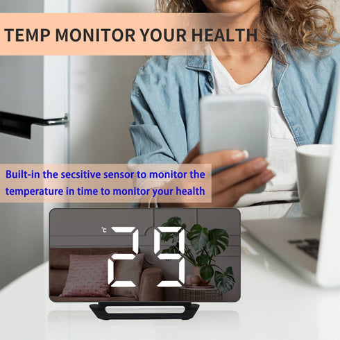 Digital Clock LED Display, Electric Alarm Clock 6.8'' Mirror Surface with Dimming Mode, 3 Levels Brightness, Dual USB Ports Modern Decoration for Makeup Home Bedroom Decor (M)