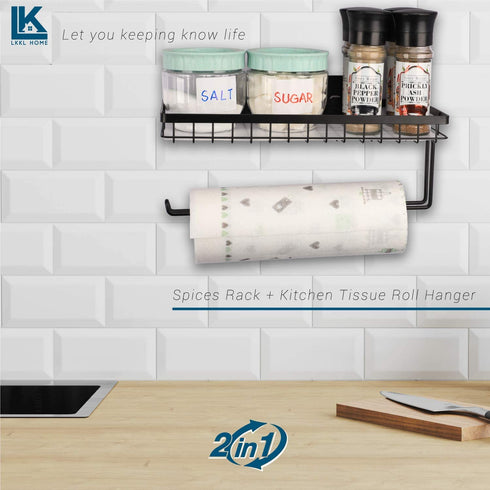 LKKL Paper Towel Holder Spice Rack and Multi-Purpose Shelf, Wall Mount Storage Organizer for Kitchen Pantry Laundry Garage Bathroom, Double Roll Toilet Tissue Holder, Paper Towel Rack- Matte Black