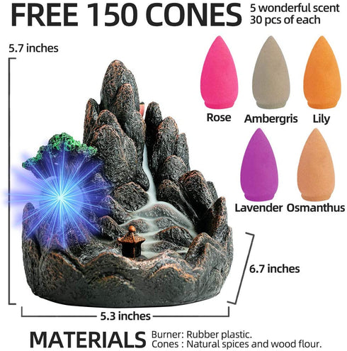 INONE Incense Burner with 150 Cones, Waterfall Backflow Incense Holder, Aromatherapy Ornament, Zen Decor, Home Decor, Room Decor