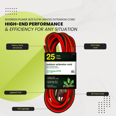GoGreen Power GG-13725 16/3 25™ SJTW Outdoor Extension Cord, Lighted End, 25 Ft