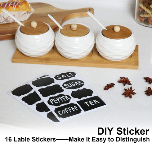 LUEUR Porcelain Condiment Jar Spice Container with Bamboo Lids, Ceramic Spoons & Wooden Serving Tray Ceramic 225ml Sugar Bowl Set of 3 For Kitchen W/Free Blackboard Adhesive Stickers 16 Labels