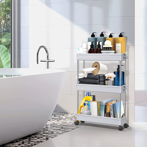SPACEKEEPER Storage Cart Slim 3 Tier Mobile Shelving Unit Organizer Slide Out Storage Rolling Utility Cart Tower Rack for Kitchen Bathroom Laundry Narrow Places, Plastic & Stainless Steel, Gray
