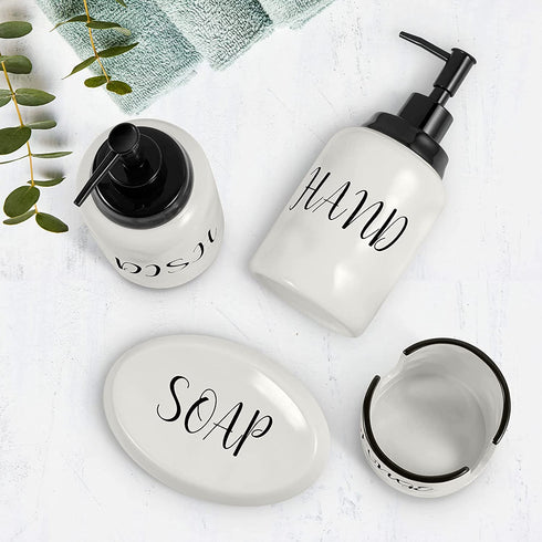 Farmhouse Soap Dispenser Set - Modern Style Ceramic Hand & Dish Liquid Soap Dispenser + Soap Holder + Sponge Holder Perfect for Kitchen and Bathroom Counter Décor