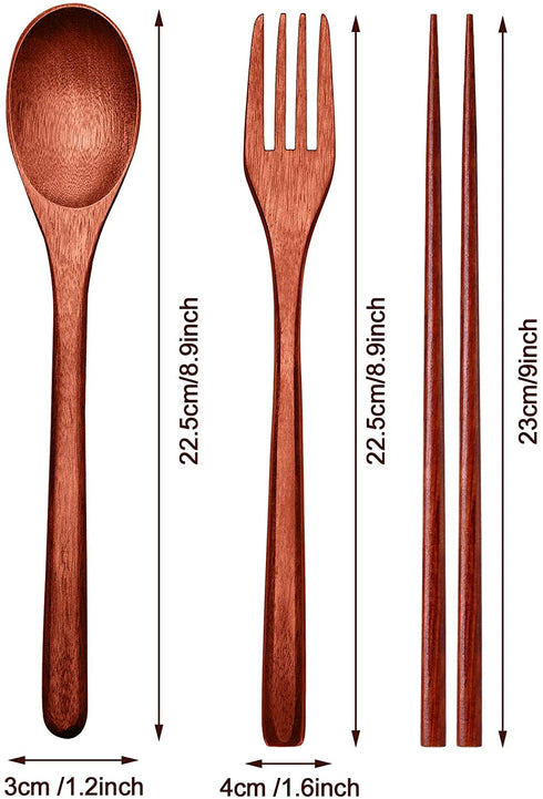 Wooden Flatware Set Natural Wooden Cutlery Set Chopsticks Spoon Fork Set Long Handle Utensils Set Reusable Japanese Style Tableware Set for Kitchen, Home, Camping, Picnic (18)