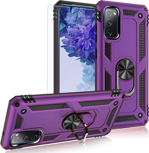 Samsung Galaxy S20 FE 5G case,PUSHIMEI Military Grade Heavy Duty Protection Phone Case Cover with Screen Protector Magnetic Ring Kickstand for Samsung Galaxy S20 FE (Fan Edition)(Purple Military Case)