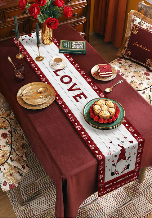 Valentine's Day Cute Gnome 90 Inches Long Table Runner for Dining Room, Rustic Wood Cotton Linen Tablecloth Runners, Farmhouse Table Setting Decor for Wedding Party Holiday Home, Machine Washable.