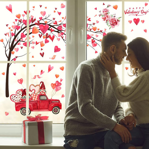 Yovkky Pink Hearts Tree Truck Gnome Wedding Anniversary Window Clings 9 Sheets, Happy Valentines Day Glass Stickers Decal Peony Flower Decor, Home Kitchen Fridge Decorations DIY Supply Double Sided
