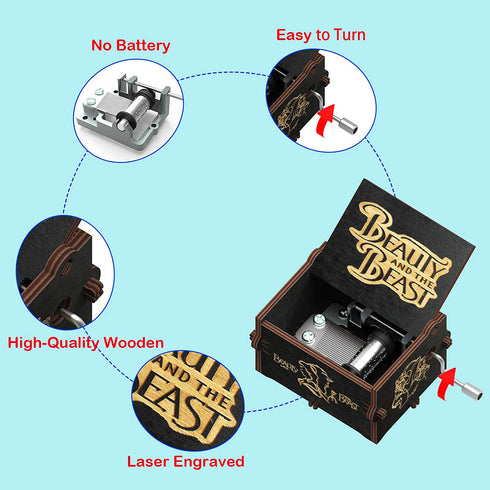 Tiny-Music-Box-Gifts-Wooden Decorations Musical-Box-Hand-Crank for Daughter Mom Wife Kids Girlfriend Women Baby Christmas-Birthday-Anniversary (Beauty and the beast music box wooden musical box)