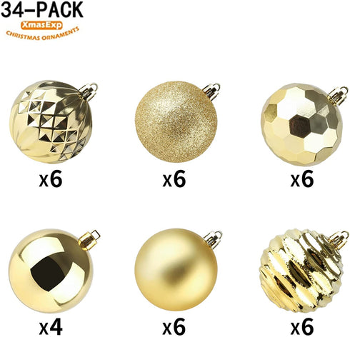 XmasExp 60mm/2.36" Christmas Ball Ornaments Shatterproof Christmas Ornaments Set Decorations for Xmas Tree Balls - 34ct (2.36'', Gold)