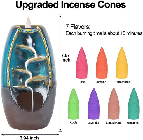 SOYO Backflow Incense Burner Ceramic Waterfall Incense Holder with 120 Backflow Incense Cones + 30 Incense Sticks + 1 Tweezer, Aromatherapy Ornamental for Home Office Yoga, Blue