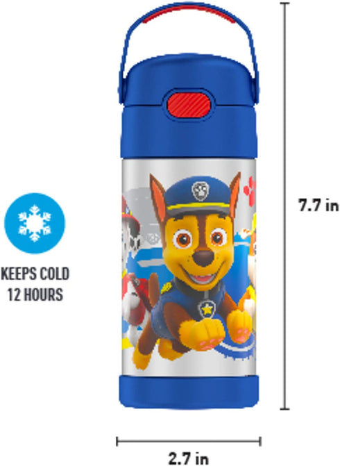 THERMOS FUNTAINER 12 Ounce Stainless Steel Vacuum Insulated Kids Straw Bottle, Blue Paw Patrol