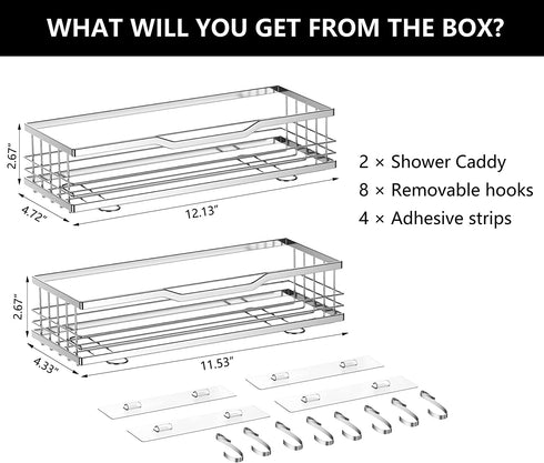 HBlife Shower Caddy No Drilling Shower Organizer with 8 Hooks, 2 Pack Shower Shelves SUS304 Rustproof Bathroom Organizer