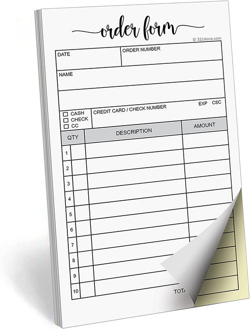 321Done Order Form Pad, 3.4x5.5 Handheld 2-Part Carbonless, Made in USA, Carbon Duplicate Copy Sales Receipt Form, Invoice Booklet, Cute for Small Boutique Business (50 Sets) White/Yellow
