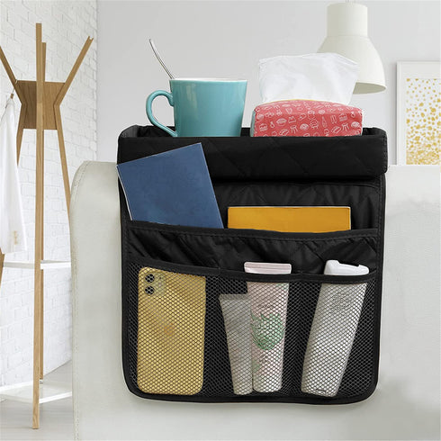 MDSTOP Sofa Armrest Organizer Caddy with Cup Holder Tray, TV Remote Control Holder, Couch Armchair Caddy Fits for Cups, Game Controller, Pens, Magazines, Snacks, Glasses (Black, 32" — 13")